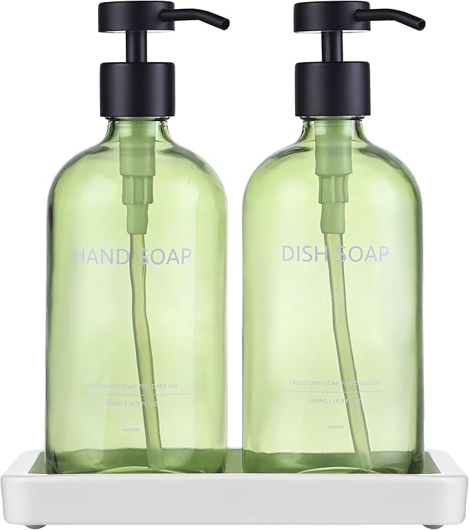 Glass Kitchen Soap Dispenser Set with Ceramic Tray,16.9 floz Hand and Dish Soap Dispenser for Kitchen and Bathroom Decor (Green Bottles + Black Pumps)