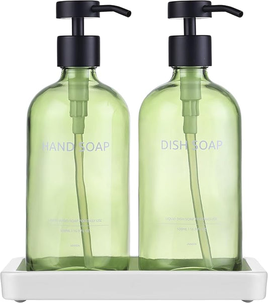 Glass Kitchen Soap Dispenser Set with Ceramic Tray,16.9 floz Hand and Dish Soap Dispenser for Kitchen and Bathroom Decor (Green Bottles + Black Pumps)