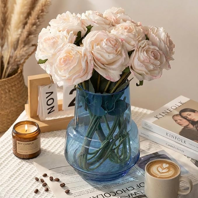Relexome Blue Glass Flower Vase for Centerpieces Bouquet Flowers Modern Wide Mouth Glass Vase Decorative Bud Vases for Home Decor, Living Room, Kitchen, Dining Table, Entryway 7.3 Inch