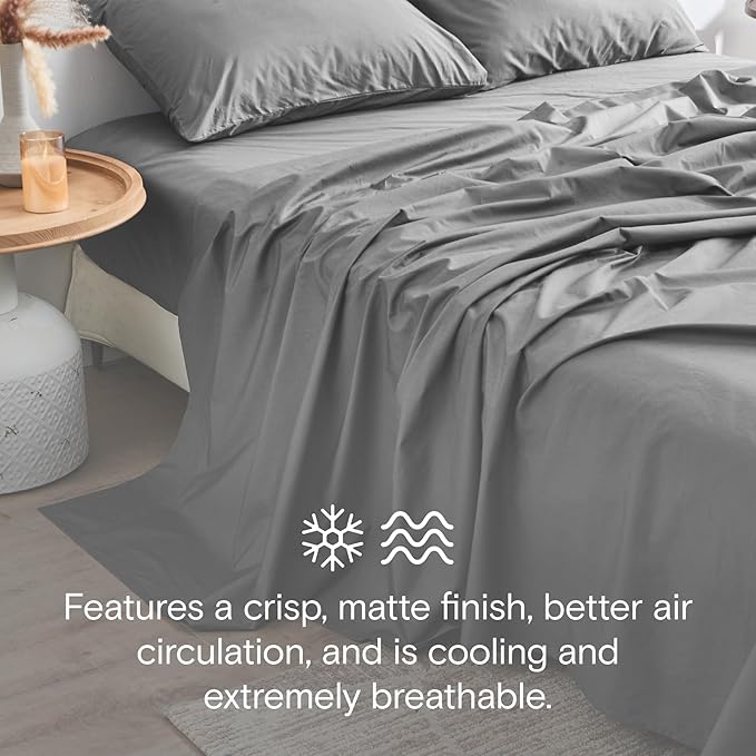 DOZ 100% GOTS Certified Organic Cotton Sheet Set, Crisp Percale Weave, Long Staple, Breathable, Matte Finish, Hotel Style, Durable, 3pc – 2 Pillowcases 1 Fitted (Storm, Full)