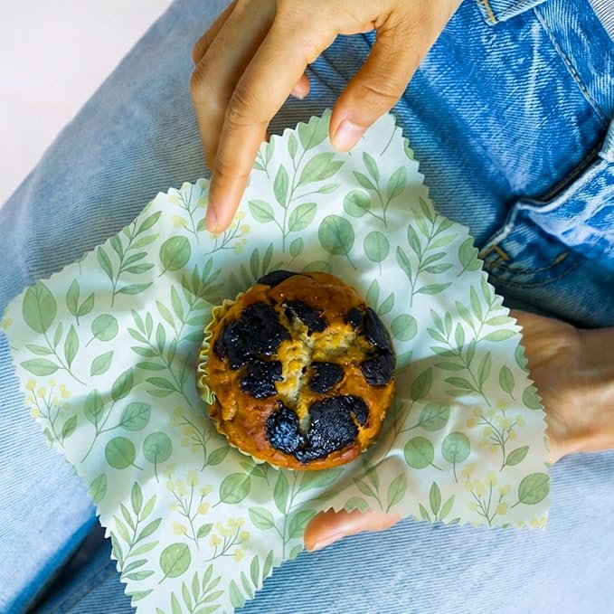 Reusable Beeswax Wraps, 9 Pack Plastic-Free Food Storage, Sandwich, Bread, Fruit Covers, Organic, Sustainable, Zero Waste, Biodegradable, 1XL, 3M, 5S, Pink Flowers and Green Leaves Print