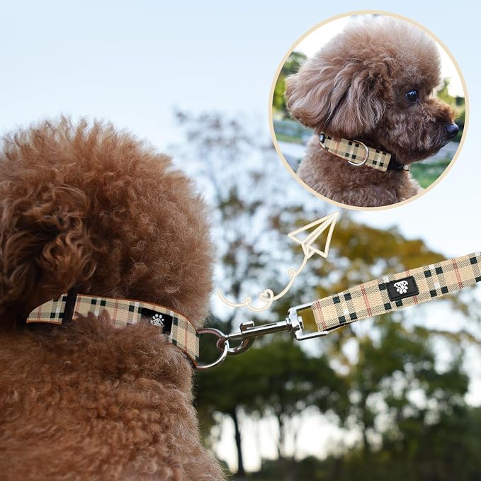 NESTROAD Dog Collar and Leash Set,Soft Neoprene Pet Collar with Quick Release Buckle,Adjustable Nylon Dog Collars for Small Medium Large Dogs(Small,Cherecked Beige)