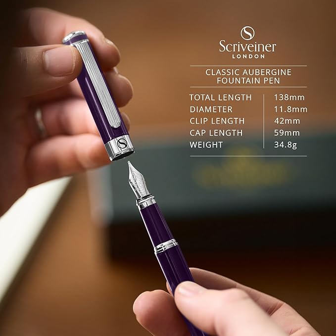 Scriveiner Luxury Fountain Pen - Aubergine, Schmidt Gilded Nib (Medium), Converter, Best Pen Gift Set for Men & Women, Professional, Executive, Office, Nice Pens