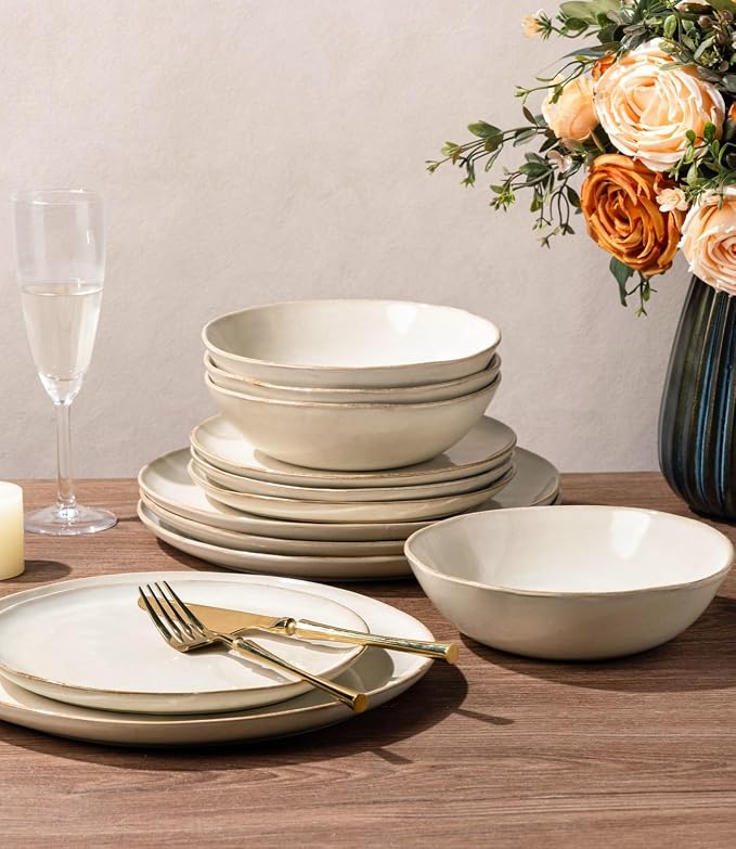 AmorArc Ceramic Dinnerware Sets,Handmade Reactive Glaze Stoneware Plates and Bowls Sets,Highly Scratch Resistant | Dishwasher & Microwave Safe Dishes Set,Service for 4 (12pc)