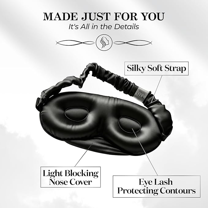 SLEEP SANCTUARY 100% Pure Mulberry Silk Sleep Mask - 22 Momme Light Blocking 3D Contour Silk Eye Mask for Sleeping - Secure Fit for Side Sleepers, Women & Men - Cloud Soft (Black)