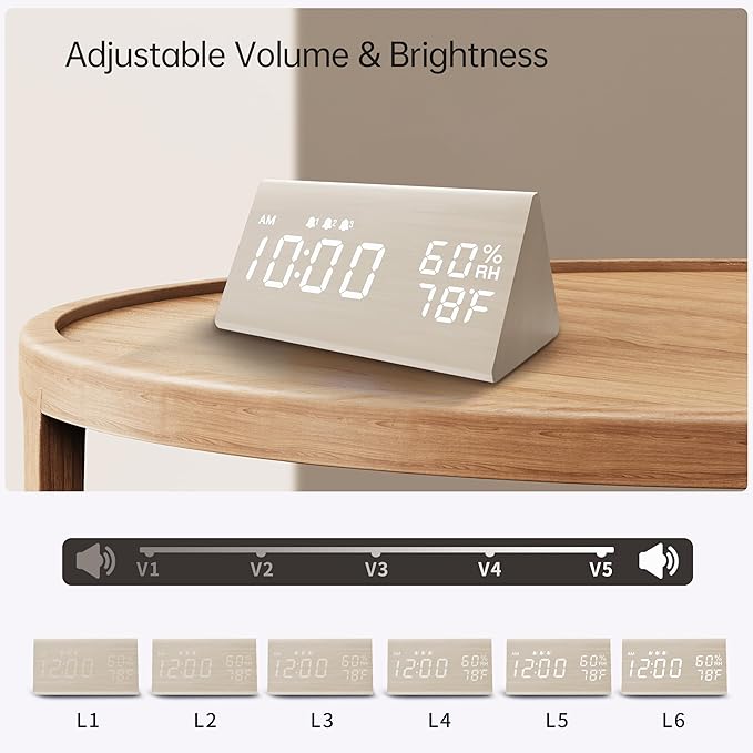 JALL Wooden Digital Alarm Clock for Bedroom, 3 Alarms with Large Numbers, Humidity and Temperature Display, 6-Level Dimmer, Snooze, Loud Desk Clock for Heavy Sleepers, Plug in (White)