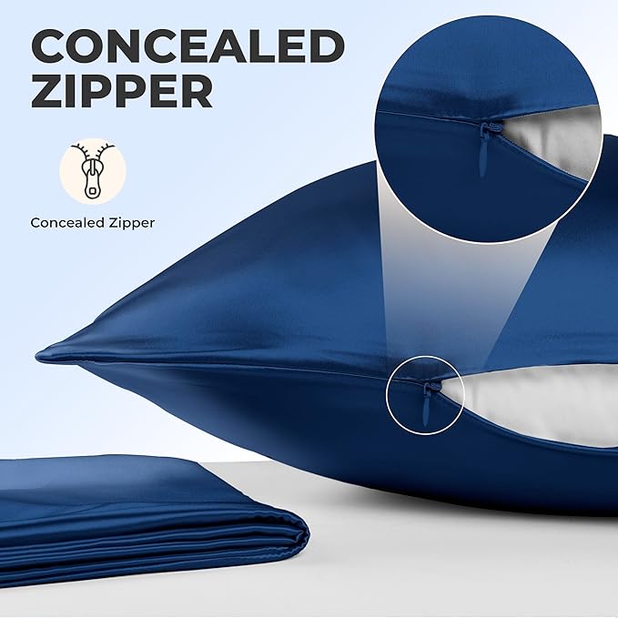 100% Pure Mulberry Silk Pillowcase for Hair and Skin, 6A Grade 22 Momme Silk Pillow Cases with Zipper, Soft Cooling Washable Both Sided Silk Pillow Cover (Navy Blue, King 20''x36’’)