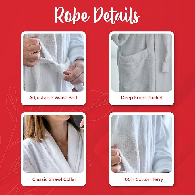 RIVERSIDE Premium 100% Cotton Terry Bathrobe For Women and Men - Soft Towel Robes with Shawl Collar Ajdustable Belt & Pockets