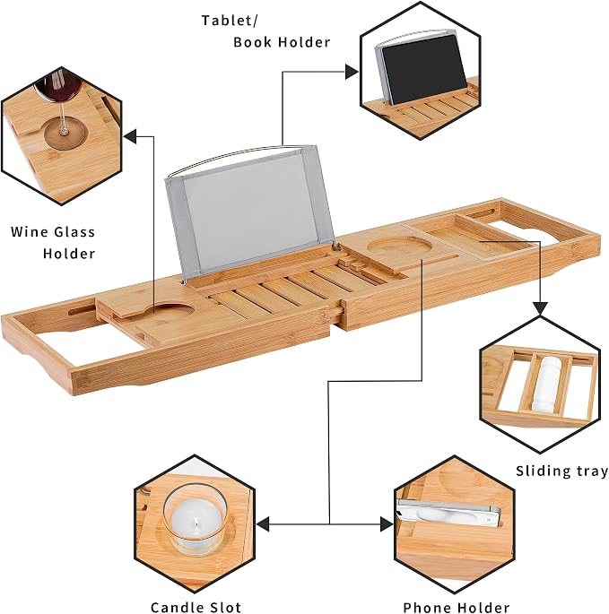 Utoplike Bamboo Bathtub Caddy Tray Bath Tray for Tub, Adjustable Bathroom Bathtub Organizer with Book Tablet Wine Glass Cup Towel Holder