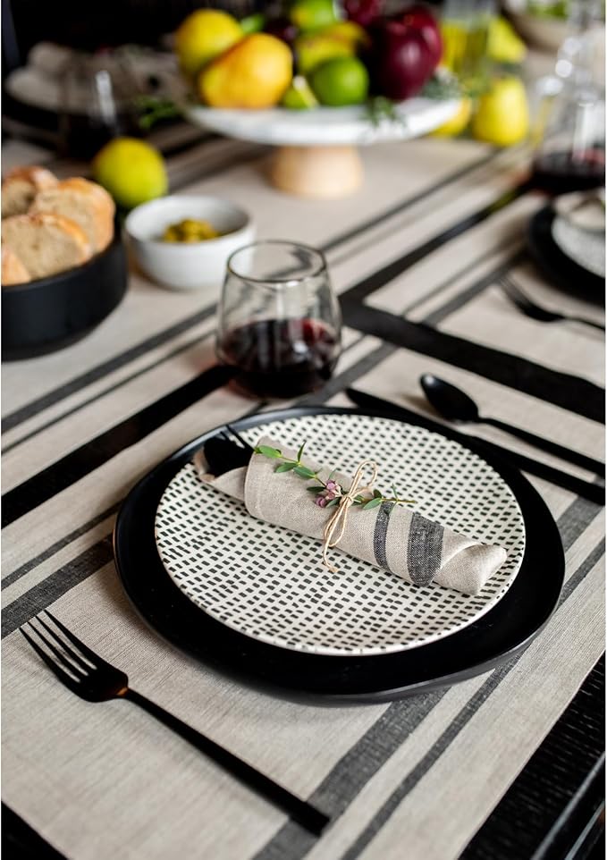Solino Home Linen French Stripe Placemats Set of 4-100% Pure Linen Black and Natural Placemats 14 x 19 Inch for Summer - Handcrafted and Machine Washable