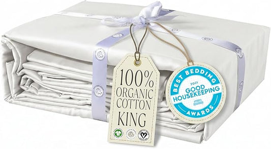 Delilah Home 100% Organic Cotton King Flat Sheet Set, GOTS & Vegan.org Verified, Long Stem 300 TC Sateen Bedding, Non-Synthetic, Deep Pocket Fitted Linen, Lightweight, All-Season, 4 Piece Set - White