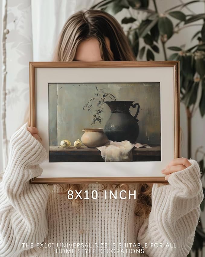 Vodefoad Still Life Vase Retro Vintage Canvas Wall Art Moody Kitchen Art Print Vintage Vase Still Life Oil Painting Vintage Neutral Wall Art for Home Bedroom Bathroom Decor - 8x10Inch Unframe