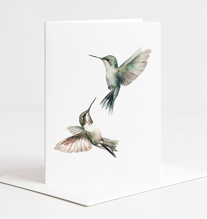Hummingbirds Greeting Cards - Set of 10 All Occasion 5x7 Note Cards with Envelopes. Blank Inside. Watercolor Images of Hummingbirds in Flight.