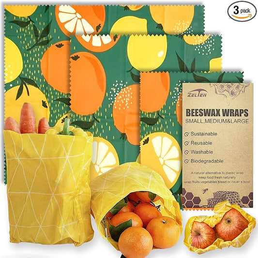 Zelten Beeswax Reusable Food Wraps - (3 Packs, 3 Sizes S,M,L) Plastic and Silicone Free, Eco-friendly Wrap, Wax Paper for Food,Orange