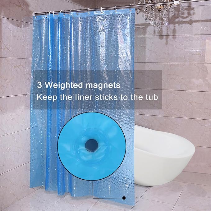 EVA Blue Shower Curtain Liner, 3D Water Cube 5G Shower Liner with 12 Rustproof Metal Grommets and Weighted Magnets, Waterproof Duty for Bathroom 72 x 72