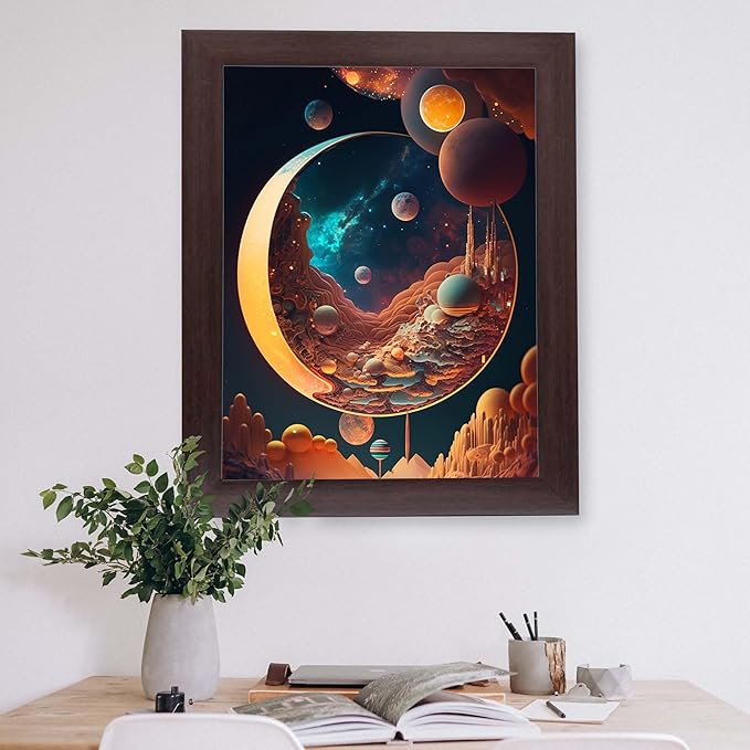 InkFlow Posters Cosmic Crescent Moon Poster - Dreamy Space Art with Planets and Stars - Surreal Outer Space Landscape for Bedroom, Living Room, Home - 18x24 Unframed Canvas Print