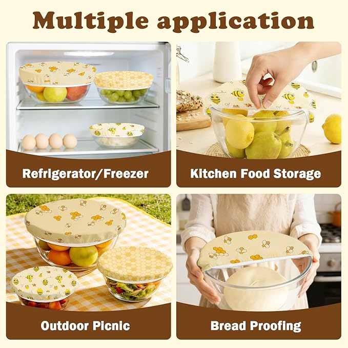 Reusable Beeswax Bowl Covers for Bread Proofing & Food Storage, Eco-Friendly Organic Cotton & Natural Wax & Resin, for Baking, Picnic, Pet Food, Sustainable Kitchen (Honeybee001, 2*12''+2*10''+2*8'')