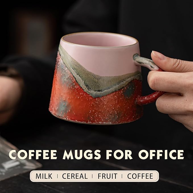 Vintage Coffee Mugs, 8 OZ Handmade Ceramic Coffee Mug with Handle, Pottery Coffee Cup for Morning Coffee, Tea & Latte, Lead-Free, Non-Toxic, Dishwasher & Microwave Safe for Home & Office.(Pink)