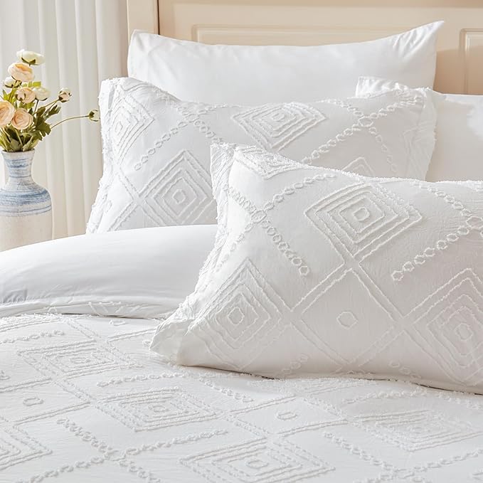 EMME White Boho Duvet Cover Twin, 2 Pieces Tufted Comforter Cover Set, Boho Embroidery Bedding Sets for All Seasons, 1 Duvet Cover + 1 Pillowcase (White, Twin)