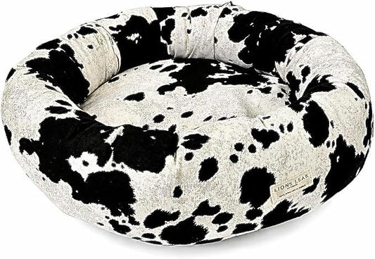 Round Dog Bed – Natural Canvas, Removable Washable Cover, Raw Cotton or Latex Fill, Hypoallergenic Non-Toxic, Made in USA (Cow Print Black White, Small, Firm Support – Raw Cotton)