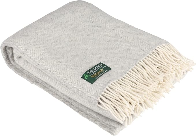 Biddy Murphy Irish Merino and Cashmere Wool Throw Blanket, Made in Ireland, Heirloom Quality, 54" x 71", Pale Grey Herringbone Pattern