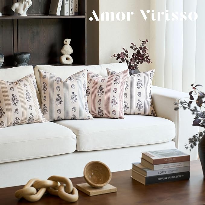 Amor Virisso Floral Throw Pillow Covers 24x24 Set of 2 Block Print Pillow Covers Neutral Floral Striped Farmhouse Decorative Pillow Covers for Sofa Couch Bed, Light Taupe