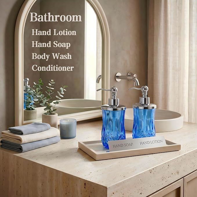 2 Pack 9 Oz Glass Soap Dispenser with Stainless Steel Pump, Blue Round Textured Refillable Soap Dispenser with Vertical Fluting for Lotion, Hand Soap, Body Wash, Kitchen Bathroom Counter Organizer