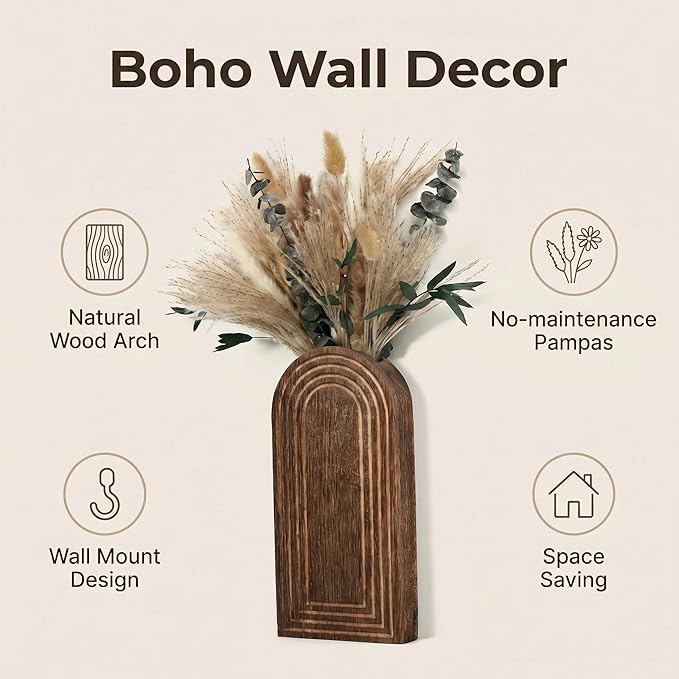 Set of 2 Wooden Wall Vases with Dried Pampas Grass & Eucalyptus, Boho Farmhouse Decor for Living Room, Entryway, Bathroom, Rustic Home Art(Dark Brown)