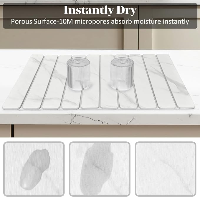 Large Stone Dish Drying Mat for Kitchen Counter, Fast Drying Collapsible Dish Drying Mat, Eco-Friendly Absorbent Diatomaceous Earth Mats for Dishes, Match Any Countertop(White Marble 24"×16" & 8"x4")
