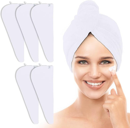 TENSTARS 5 Pack Thicken Microfiber Hair Towel Wrap for Women - Elastic Loop Design - 320GSM Coral Velvet - Quick Dry Hair Turban - 11x28 Inch (White)