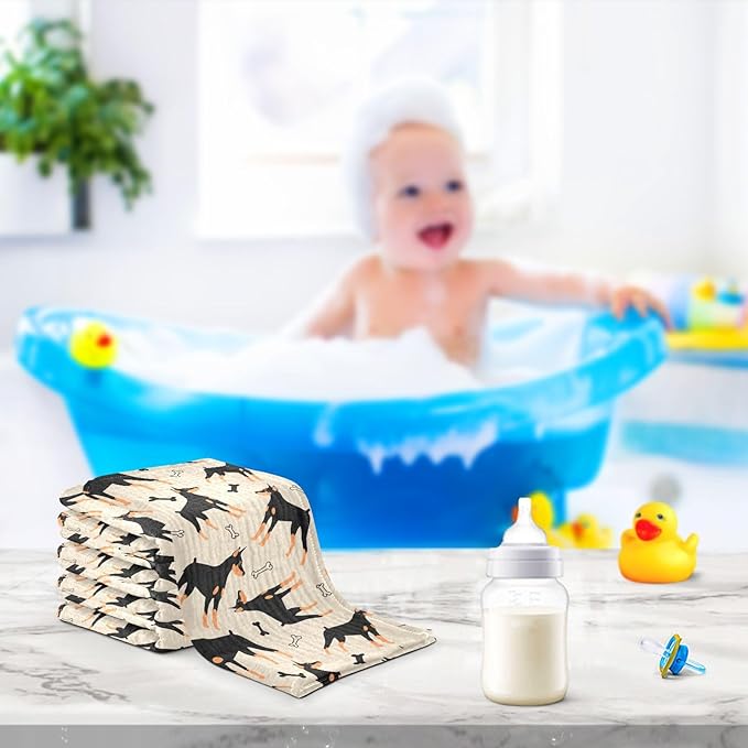 Baby Doberman Cartoon Dog Muslin Washcloths 3 Pack - Muslin Burp Cloths Hanky Large 11.8"X11.8" Extra Soft Absorbent Baby Burp Rags for Newborn 100% Cotton for Boys Girls Gift