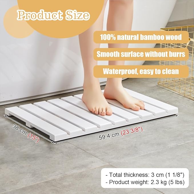 Rectangle Shower Mat Bamboo, Stable Bath Mat Dual Anti-Slip for Surface Bottom, Wide Slats Hollow Bathroom Drain Board for SPA Zone(White)