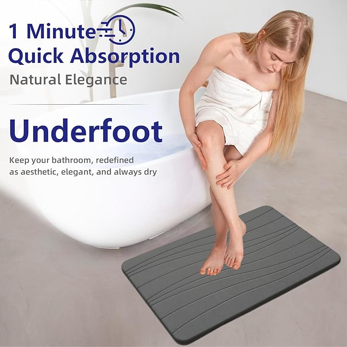 Fast Drying Stone Bath Mats for Bathroom, Non-Slip Diatomaceous Earth Bath Mat, Super Absorbent Bath Mat Stone Dark Gray Wave