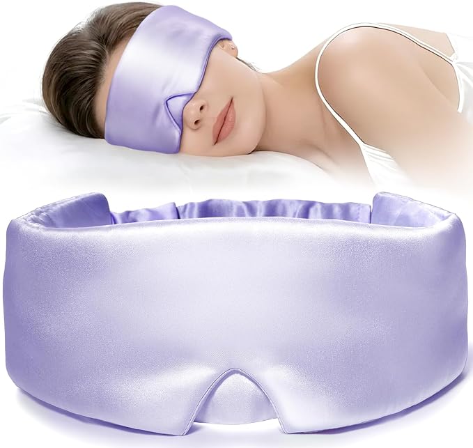 LitBear Silk Sleep Mask for Side Sleeper, Travel, Airplane, Office, Purple | 22 Momme Pure Mulberry Silk for Wrinkle-Free Sleep, Total Blackout, Tangle-Free Adjustable Strap, Includes Portable Bag