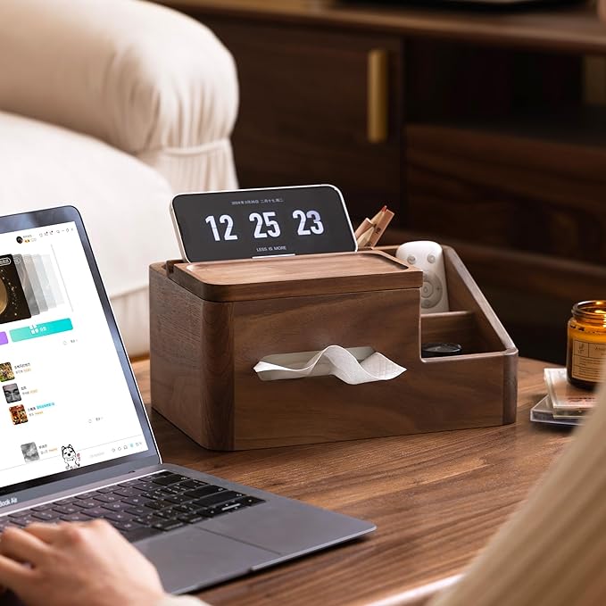 YESWOOD Walnut Tissue Box Cover - Multifunctional Tissue Box Holder with Storage Tray, Minimalist Rectangle Tissue Box Cover for Living Room, Bedroom, Bathroom, Office.