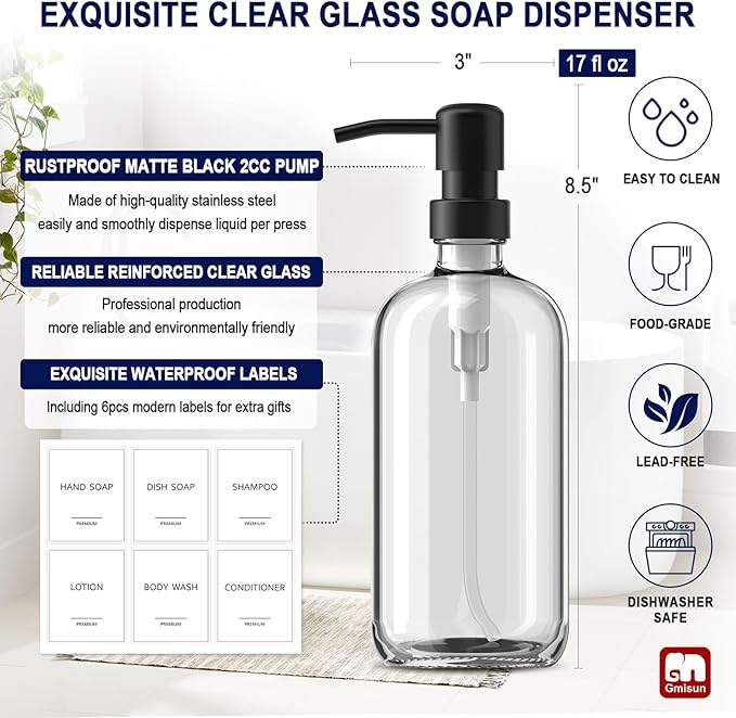 GMISUN Glass Soap Dispenser with Pump, 2 Pack Clear Bathroom Hand Soap Dispenser with Stainless Steel Pump, 16 Oz Refillable Kitchen Hand and Dish Soap Dispensers Set, Modern Liquid Pump Bottles