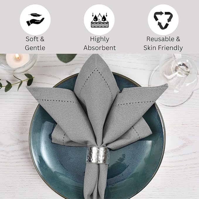 Hemstitch Cloth Dinner Napkins 100% Cotton Set of 6 - for Dining Special Occasions Weddings Parties Holidays Easter - Soft Durable Washable - 18x18 Inch Table Cloth Napkins Light Grey