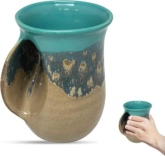 Clay in Motion Hand Warmer Coffee Mug – Handmade Coffee Mug With Comfortable Handle Contoured Pocket Hand Warming Ceramic Coffee Mug – Proudly Made in USA – Left Handed – 14 Oz - Island Oasis