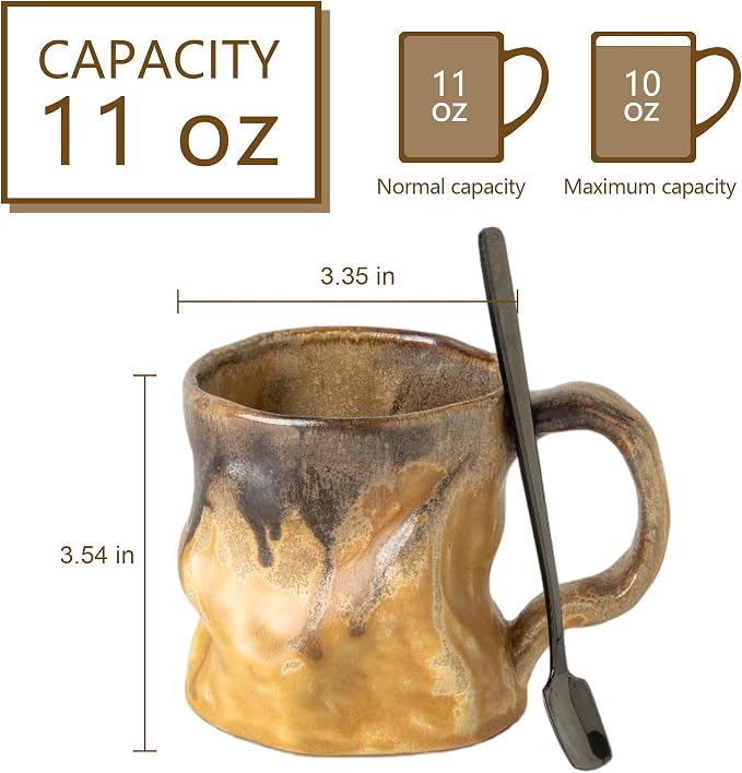 Handmade Ceramic Coffee Mugs, Mugs with Spoon, 11oz, Handmade Pottery Mug with Handle, Hand-painting, Unique Uneven Surface Tea cups, Dishwasher and Microwave Safe (Yellow)