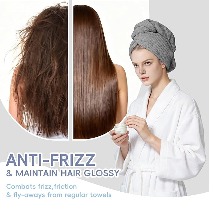 Large Microfiber Hair Towel for Women, Super Soft Absorbent Quick Dry Hair Towel Wrap with Elastic Band, Fast Drying Anti Frizz Hair Turban for Curly Long Thick Wet Hair Care 24''x40'' (Grey)