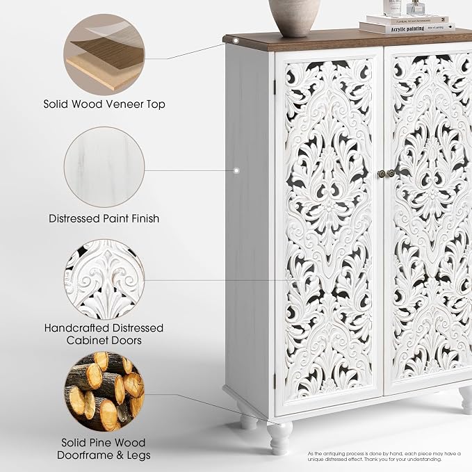 JOINICE 47" Accent Storage Cabinet with Carved Doors,White Buffet Cabinet with Solid Wood Legs & 100lbs Capacity, Farmhouse/Rustic/Boho Style for Living Room, Dining Room, Bedroom, Hallway, Study