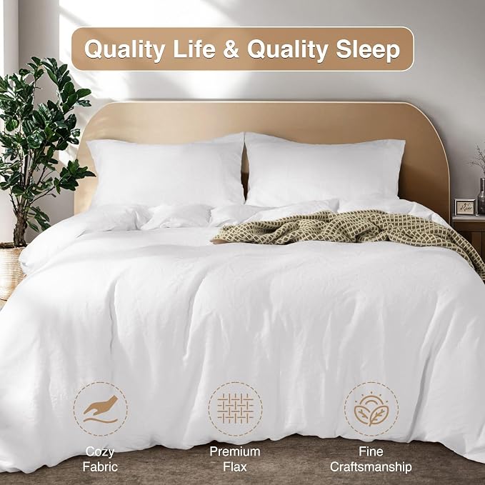 SONORO KATE 100% French Linen Duvet Cover, Soft Breathable for Hot Sleepers, Moisture Wicking & Durable Cover Set - Zipper Closure & 4 Corner Ties Duvet Covers 3 Piece (White,Cal King)