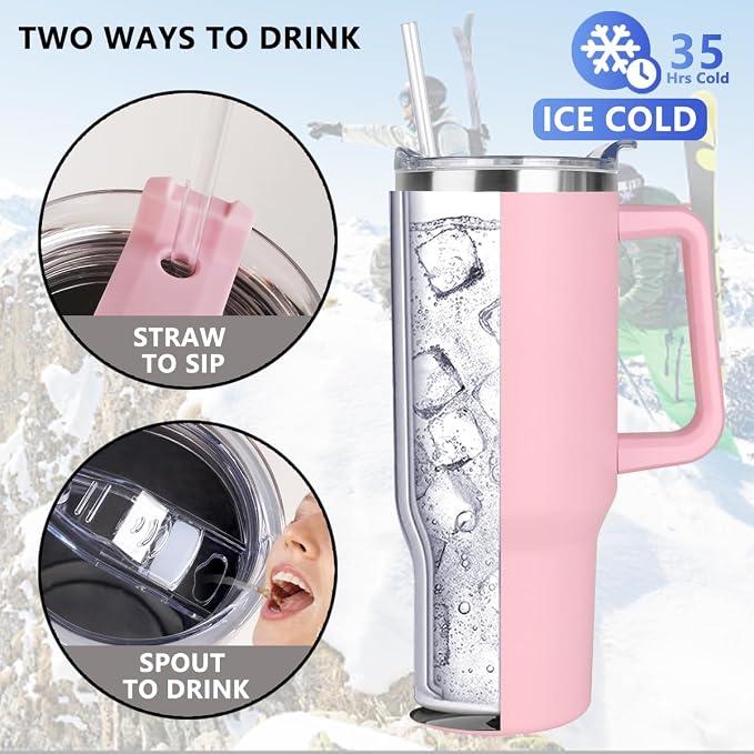 SYACOT 40 oz Tumbler with Handle and Straw Stainless Steel Insulated Tumbler Leak Proof Lid and Straw Lid Reusable Travel Mug Coffee Mug Cup Dishwasher Safe Keep Drinks Cold and Hot (Pink Dusk)