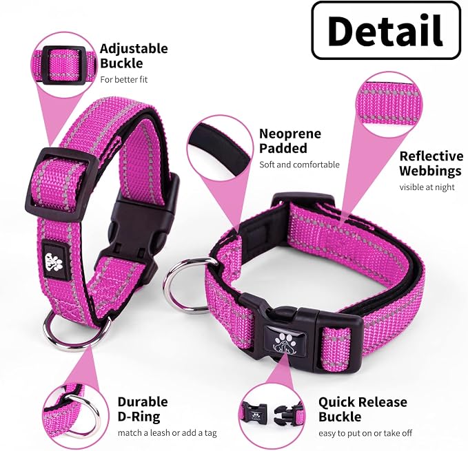 NESTROAD Dog Collar and Leash Set,Reflective Dog Collars with Quick Release Buckle,Adjustable Nylon Pet Collar for Small Medium Large Dogs(Large,Fuchsia Pink)