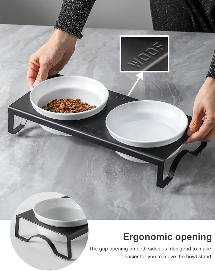 Ceramic White Dog Bowls Set - 5 inch Dog Food & Water Bowls, Elevated Feeding Bowls with Metal Stand for Small Size Dog,Puppy Bowl Set for Wet and Dry Food
