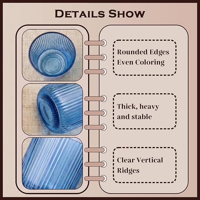 Blue Ribbed Drinking Glasses Set of 6,8.5oz Vintage Highball Tumblers,Colored Glassware for Water, Juice,Coffee,Cocktails,Blue Glass Cups,Housewarming & Christmas Gift