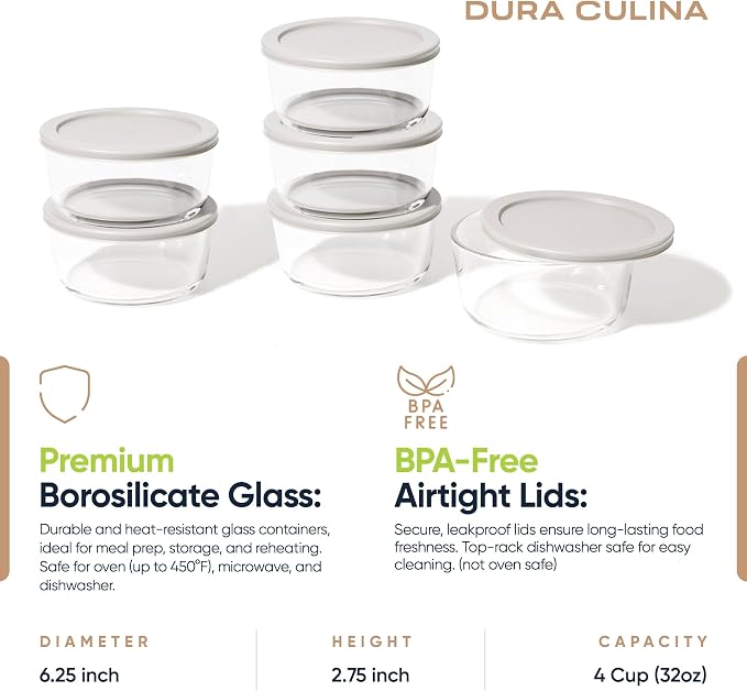 12-Piece Glass Food Storage Containers Set (6 Containers + 6 BPA-Free Lids) | 4-Cup, Leakproof | Microwave, Freezer, Oven & Dishwasher Safe | Ideal for Meal Prep & Pantry Organization, Grey