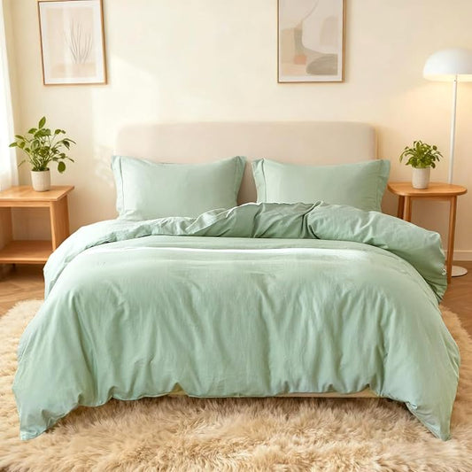 Simple&Opulence French Linen Duvet Cover Set 104"x 92"- 3 Pieces (1 Comforter Cover,2 Pillowcases)-Natural Flax Cotton Blend-Solid Color Breathable Farmhouse Bedding-Mint Green, King