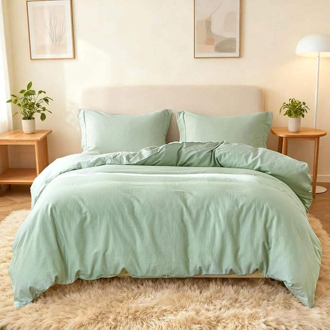 Simple&Opulence French Linen Duvet Cover Set 78" x 86"- 3 Pieces (1 Comforter Cover,2 Pillowcases)- Natural Flax Cotton Blend-Solid Color Breathable Farmhouse Bedding-Mint Green, Full