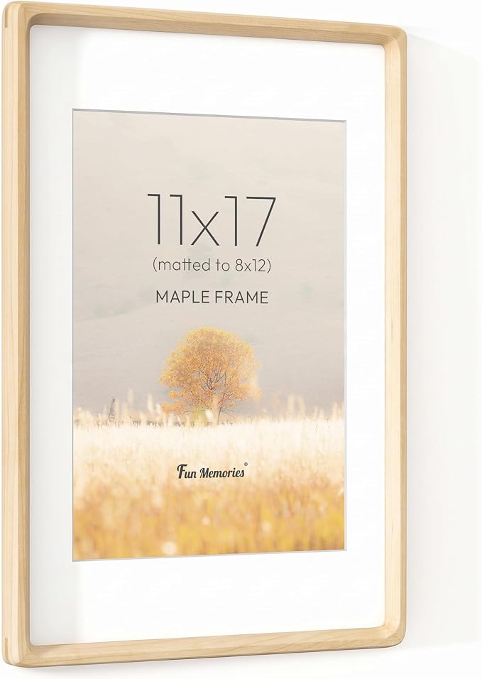 11x17 Picture Frame, USA-Sourced Maple Wood Photo Frames with HD Tempered Glass, Handcrafted Rounded Corner 11 x 17 Wooden Frame Matted to 8x12 Photos, 11x17 Frames, Tabletop or Wall Display